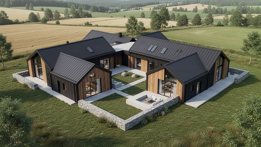 Elevated view of HALDVAR H6 ESTATE showing multiple linked gabled wings and landscaped courts