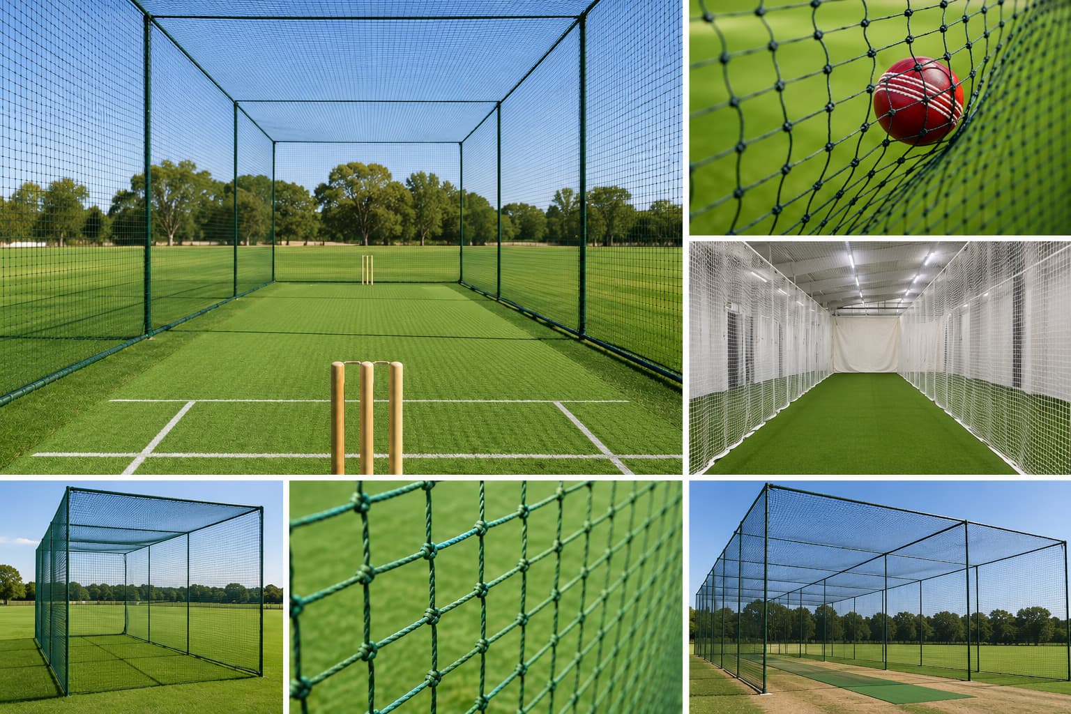 Cricket practice net configurations showing outdoor cages, indoor lanes and netting details