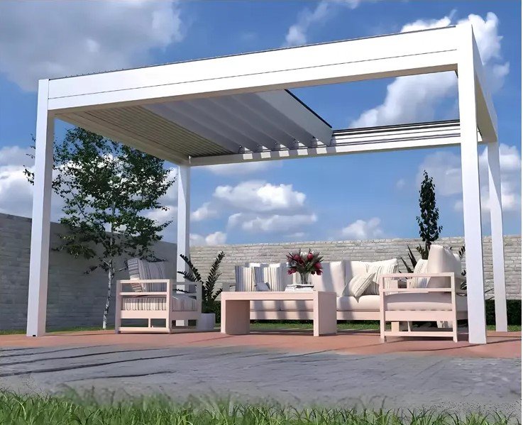 White AUVENOR retractable roof system over a residential outdoor seating area