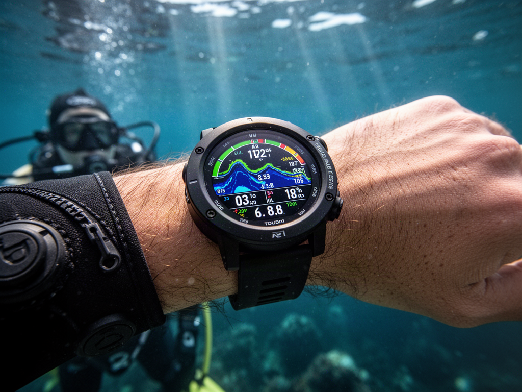 Representative recreational dive computer worn underwater