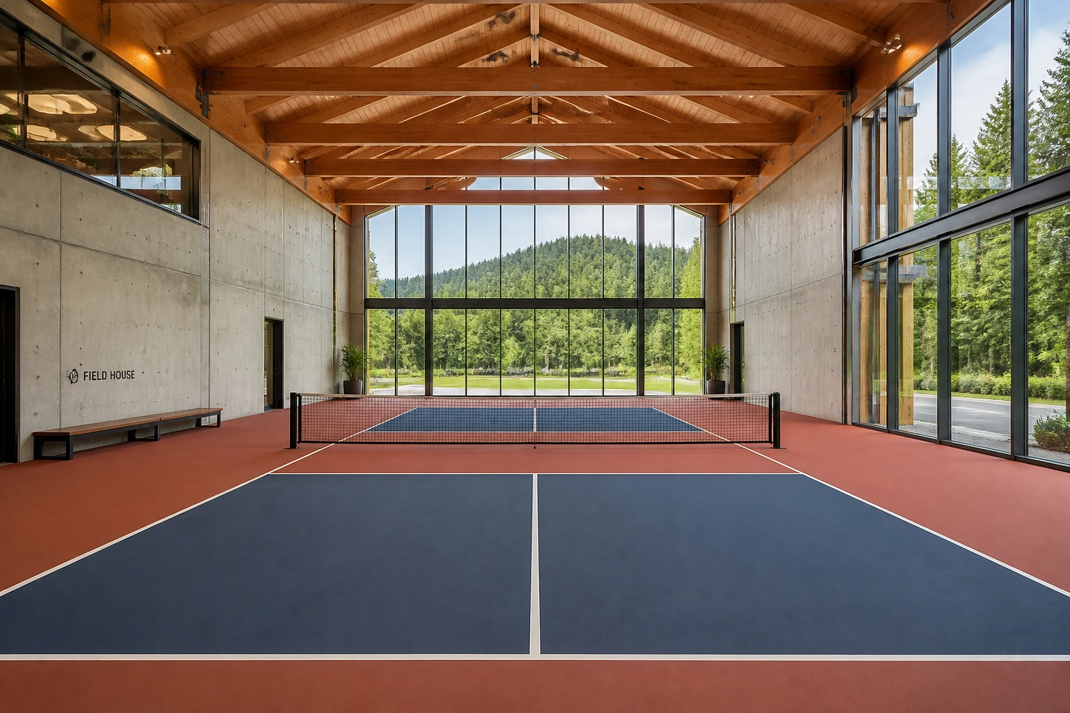 Premium indoor pickleball court in a timber and concrete field house