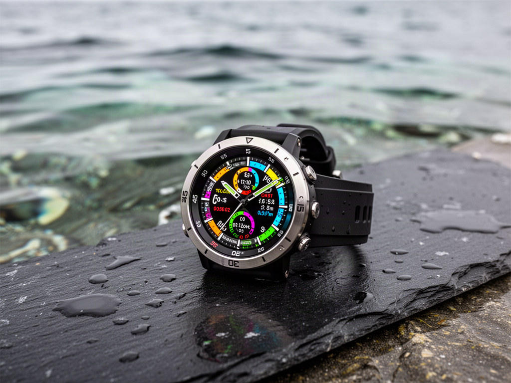 Representative black recreational dive computer on wet slate