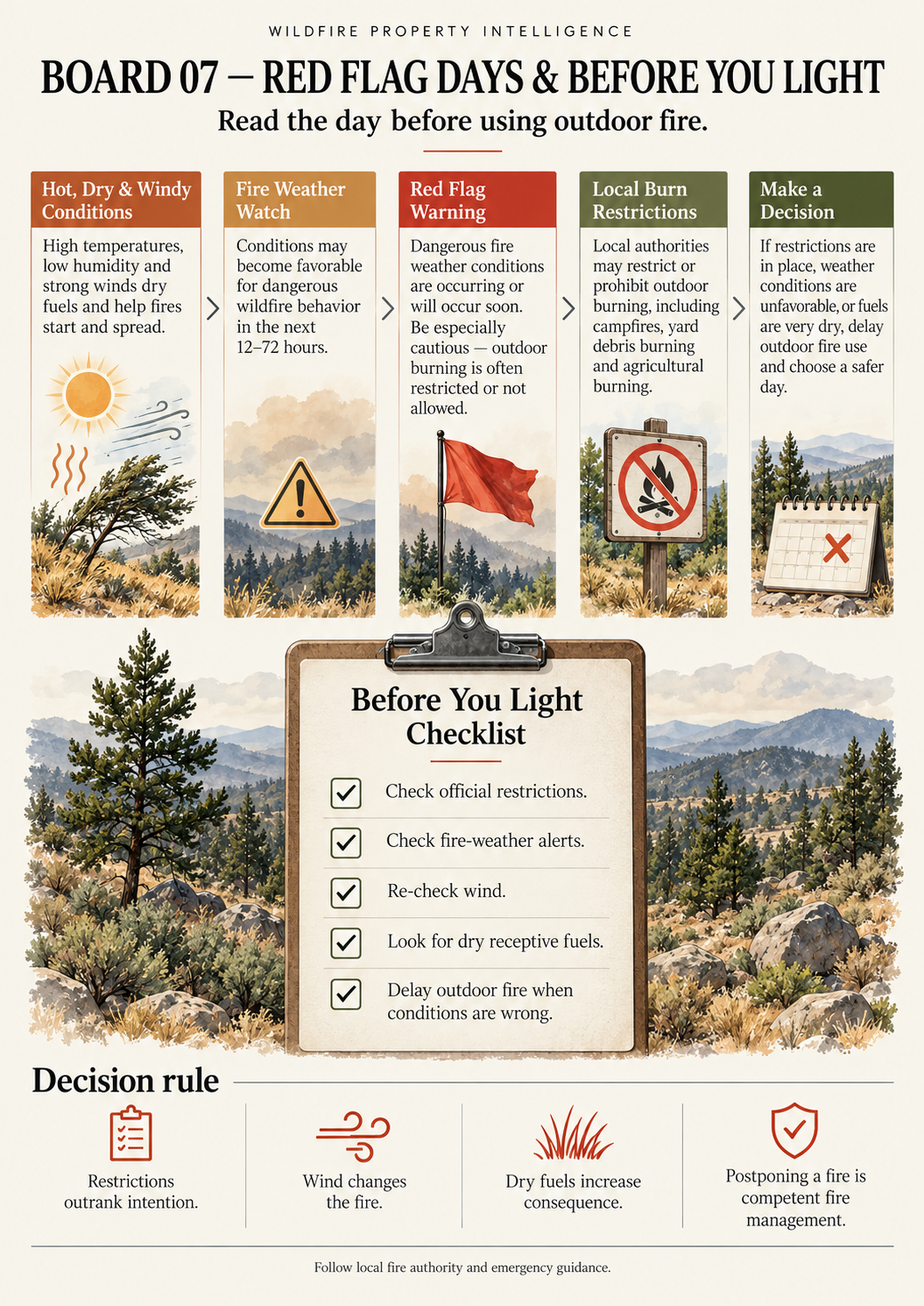 Illustrated wildfire fire-weather board covering Red Flag Warnings, burn restrictions, wind and outdoor fire decisions