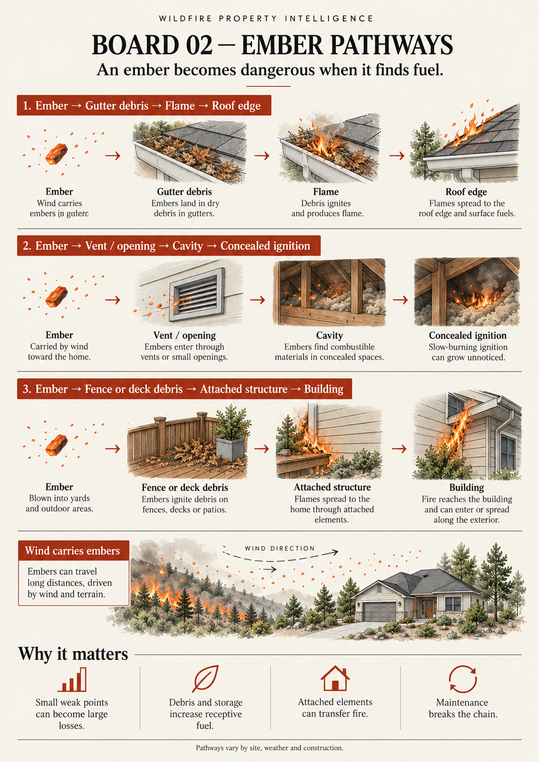 Illustrated wildfire ember pathway board showing gutter, vent and fence or deck transfer chains
