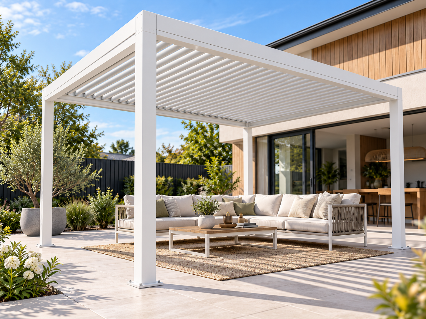 Freestanding white CADARN louvre pergola in a contemporary residential garden