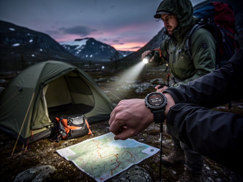 Representative NORDVIK BEACON GPS outdoor watch used at a twilight campsite