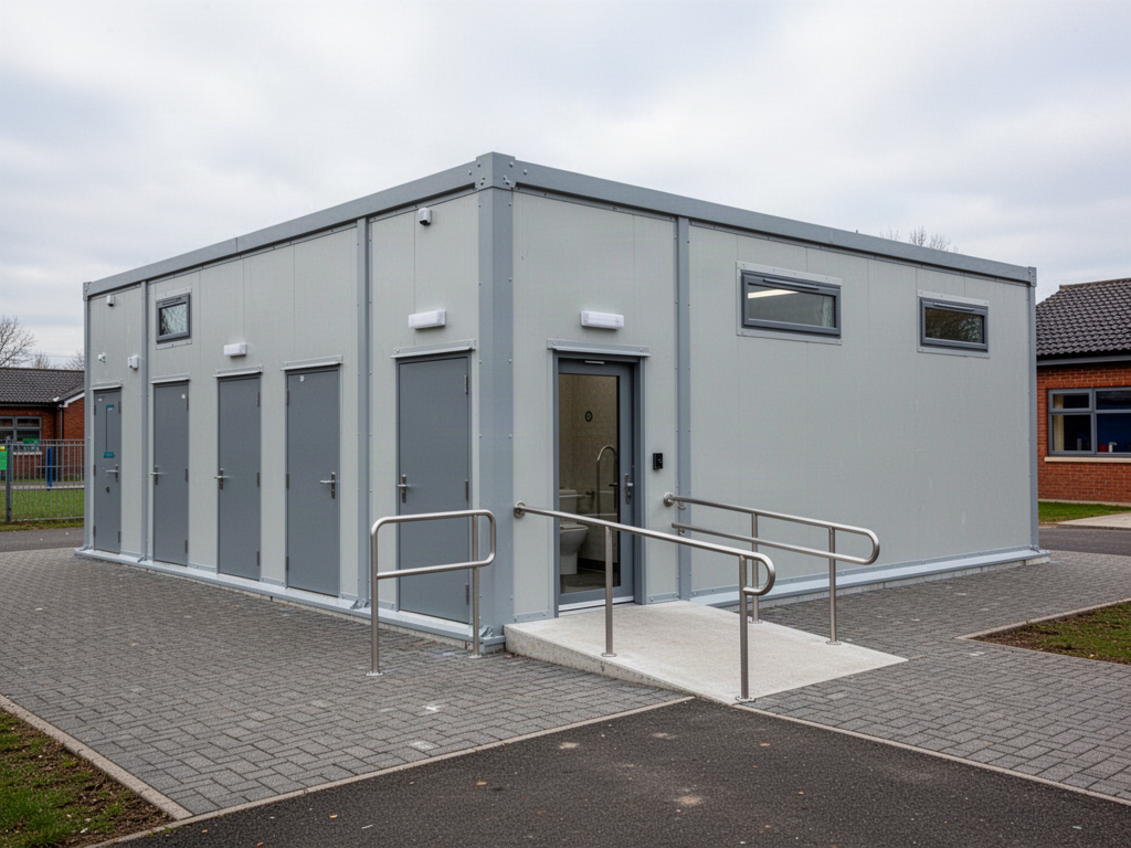 Illustrative RHELGAN modular sanitation block with an accessible approach