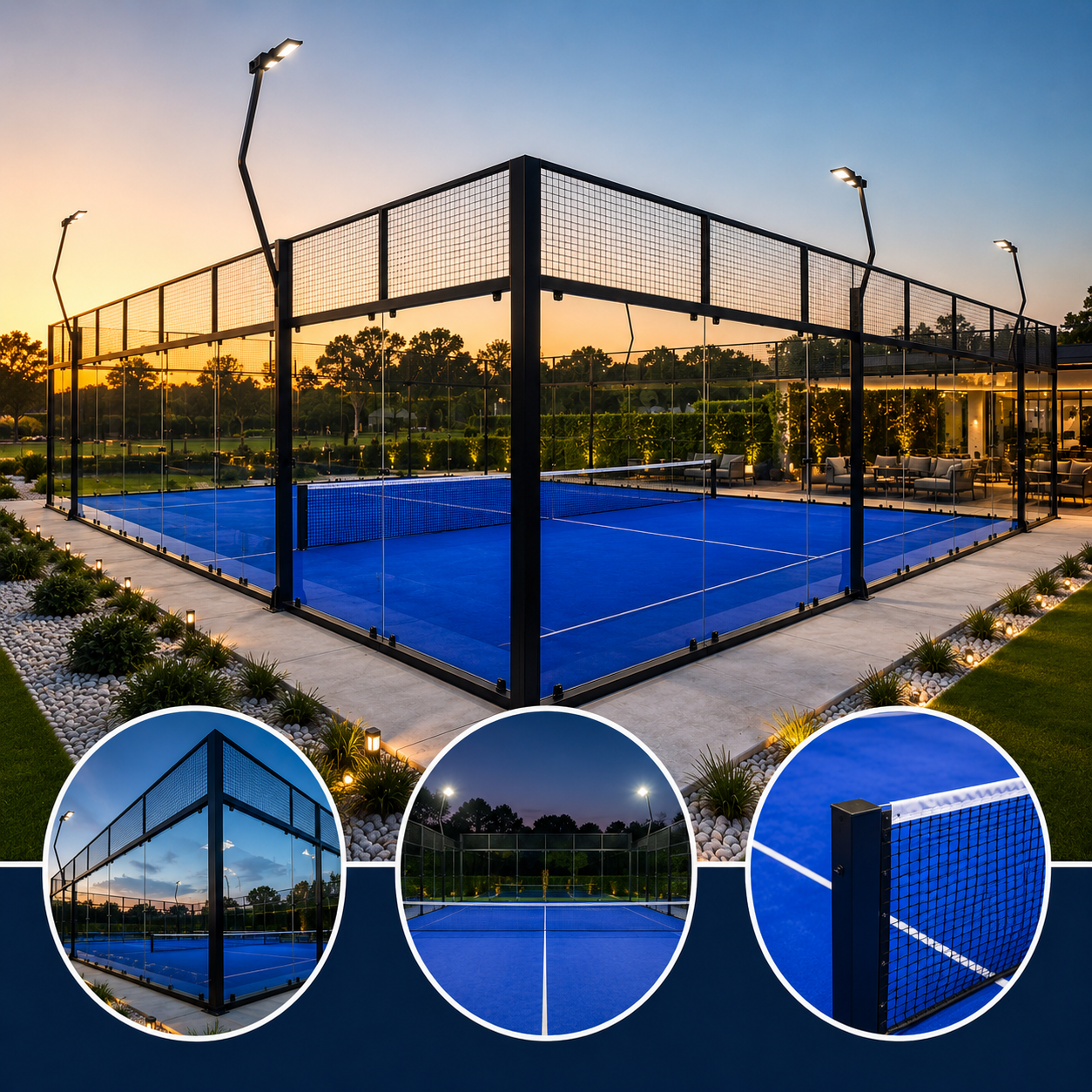 Panoramic padel court with close-up reference views of frame, lighting and net