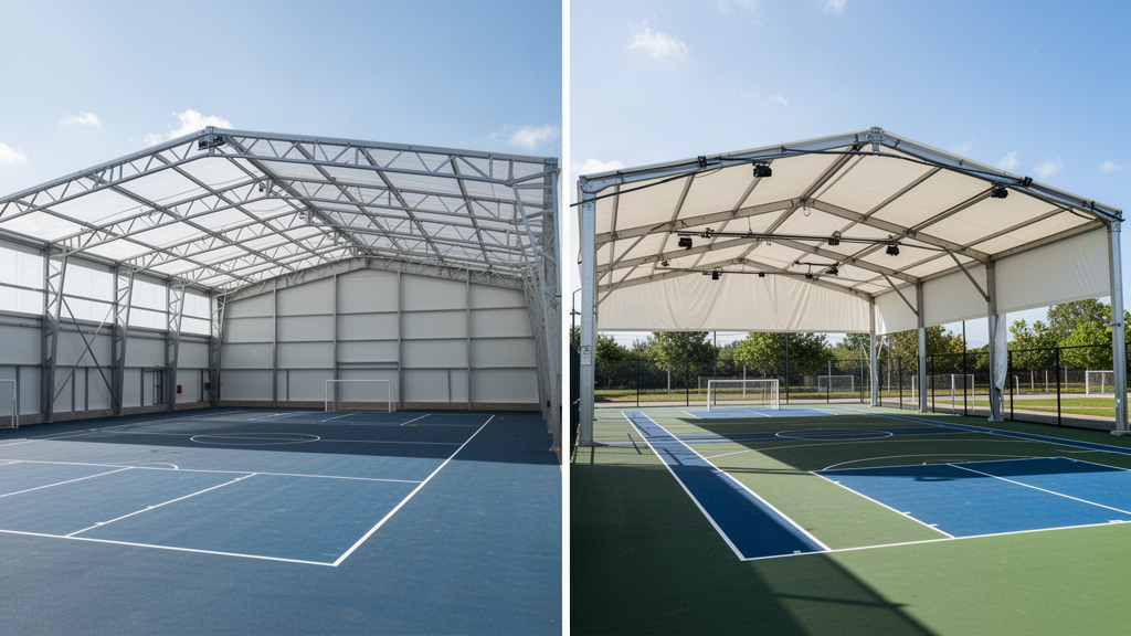 Sports-facility comparison showing a fixed clear-span court cover and a retractable fabric court canopy