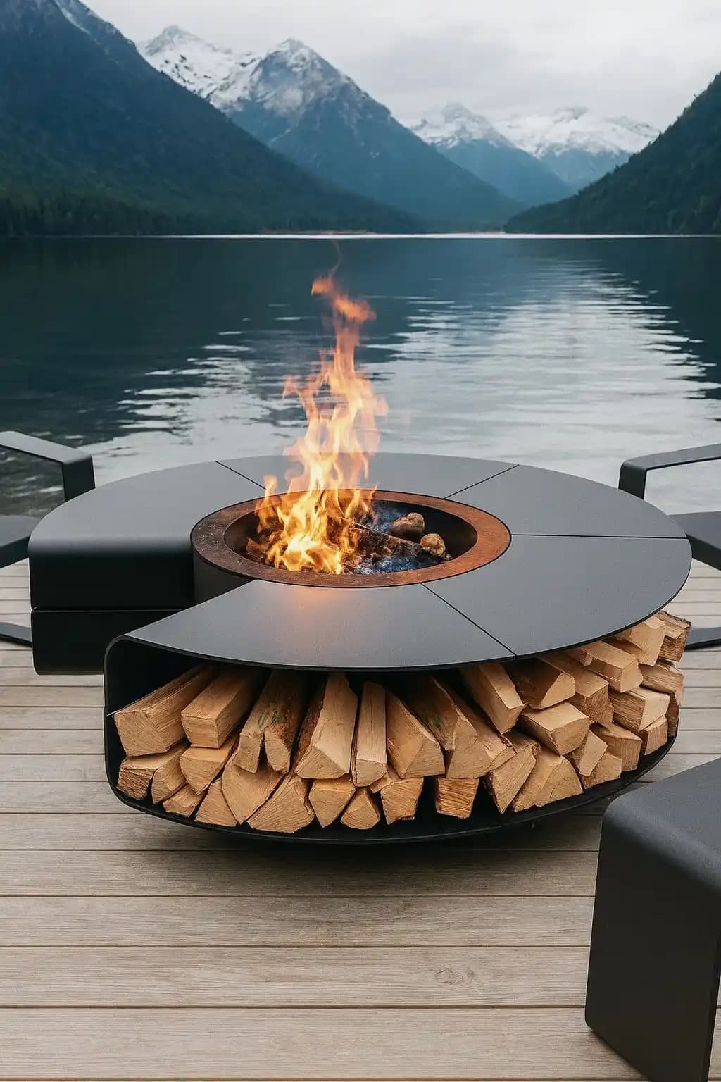 Helios Round Fire Table with segmented top, central fire bowl and integrated firewood storage