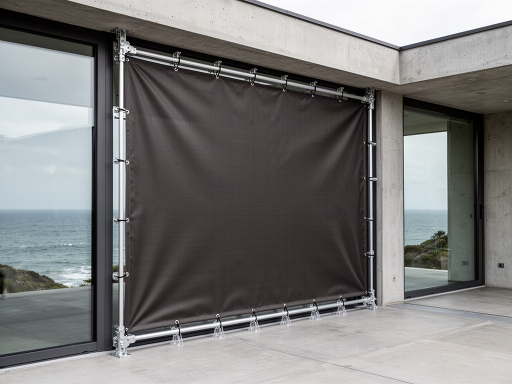 Flexible hurricane fabric membrane anchored around a large glazed opening on a modern coastal building