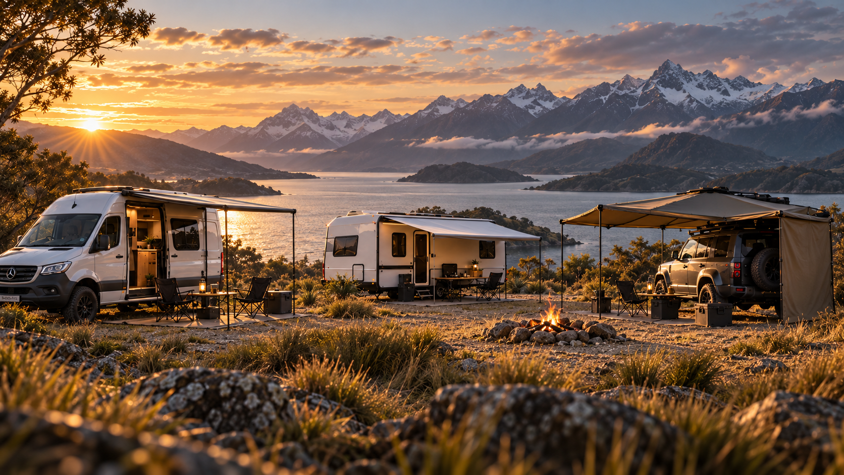 VÆRDR campervan, caravan and 4x4 touring shelter systems at an alpine lakeside campsite