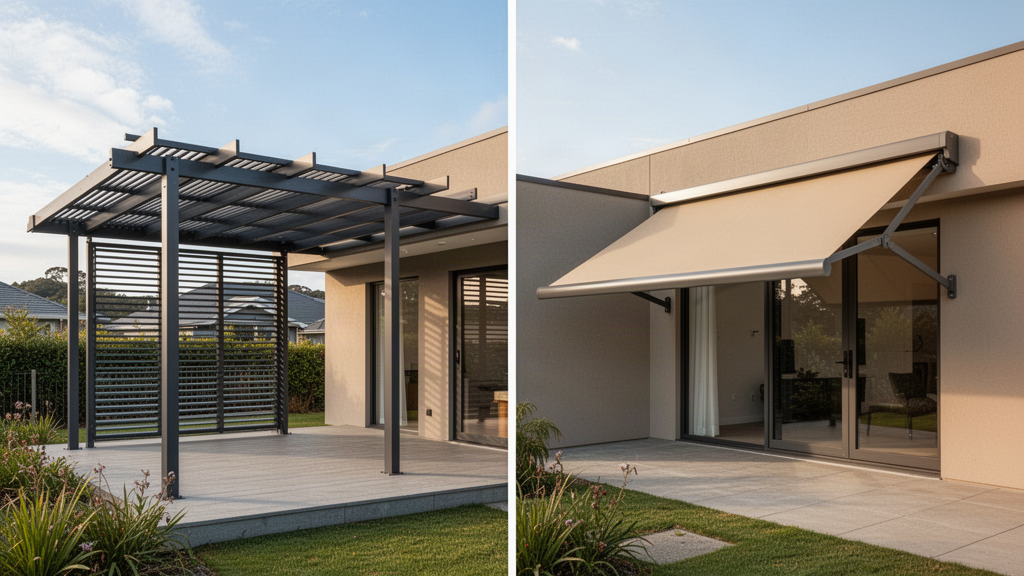 Architectural comparison of an aluminium louvre pergola and a wall-mounted cassette awning
