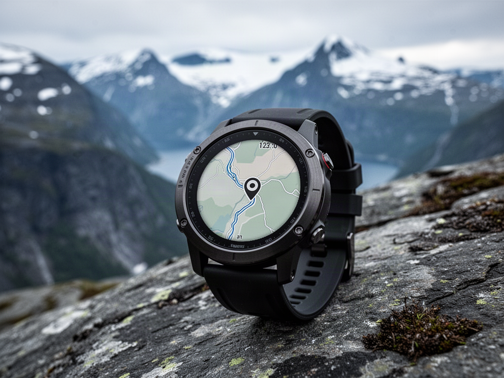 Representative NORDVIK SUMMIT GPS watch with offline map screen in a Nordic mountain environment