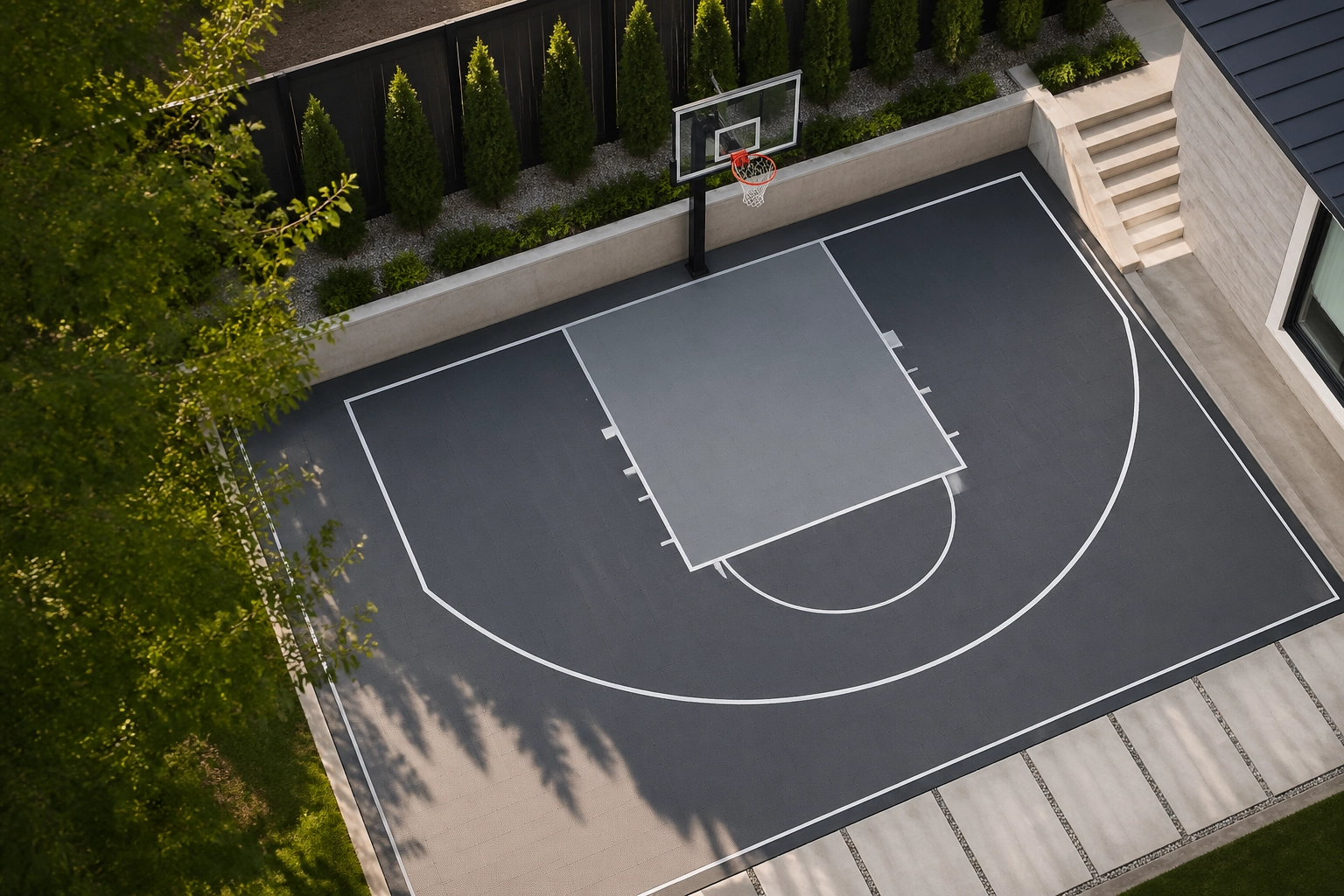 Aerial view of compact residential 3x3 basketball court with single hoop