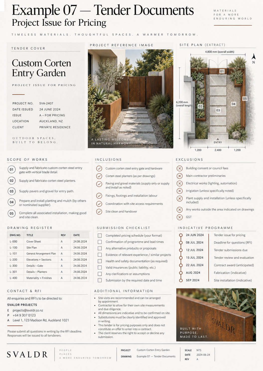Illustrative tender document layout for a custom Corten landscape project