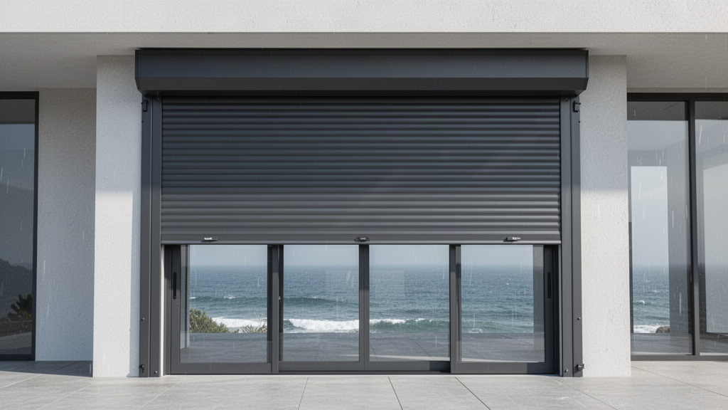 Modern aluminium shutter across a commercial opening