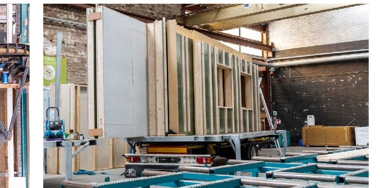 Prefabricated timber frame wall element in production