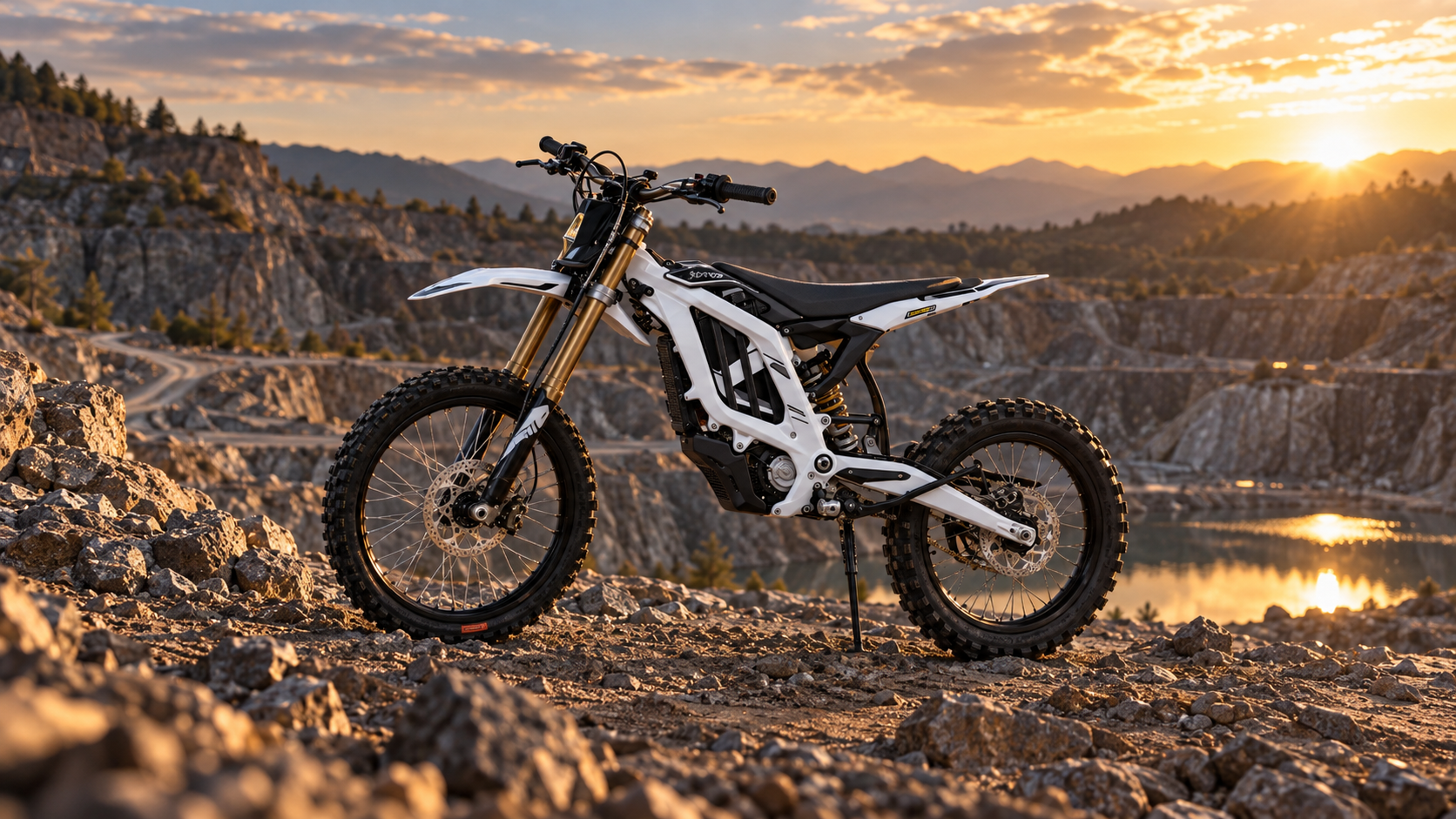 Representative white high-performance electric dirt bike in a quarry setting
