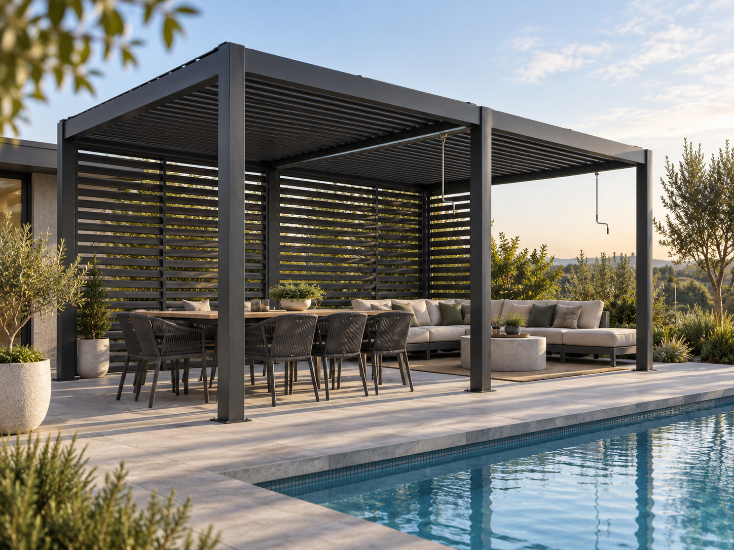 Architectural visualisation of an AEGIS PRIME pergola with aluminium louvre privacy walls