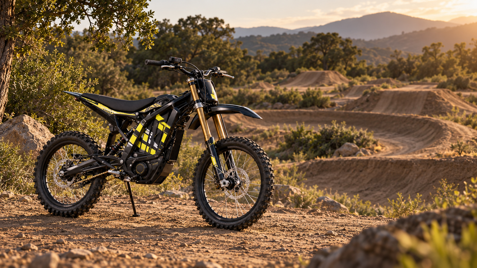 Representative lightweight electric dirt bike beside a purpose-built off-road riding track