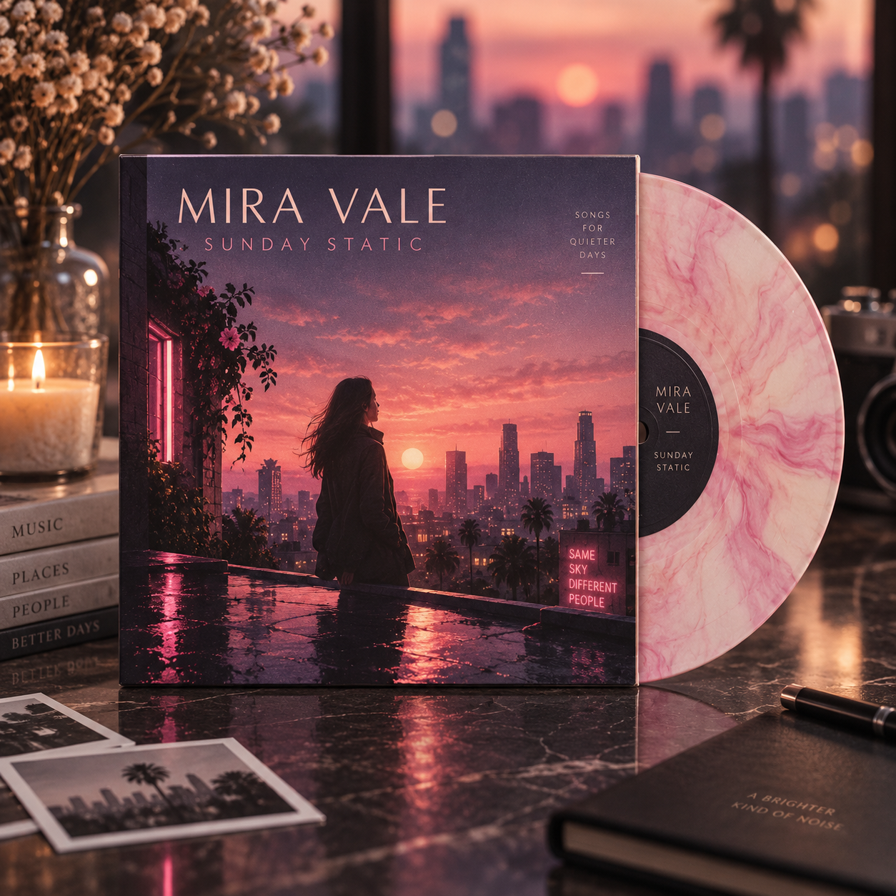 Fictional indie-pop single with premium sleeve and pink marbled vinyl