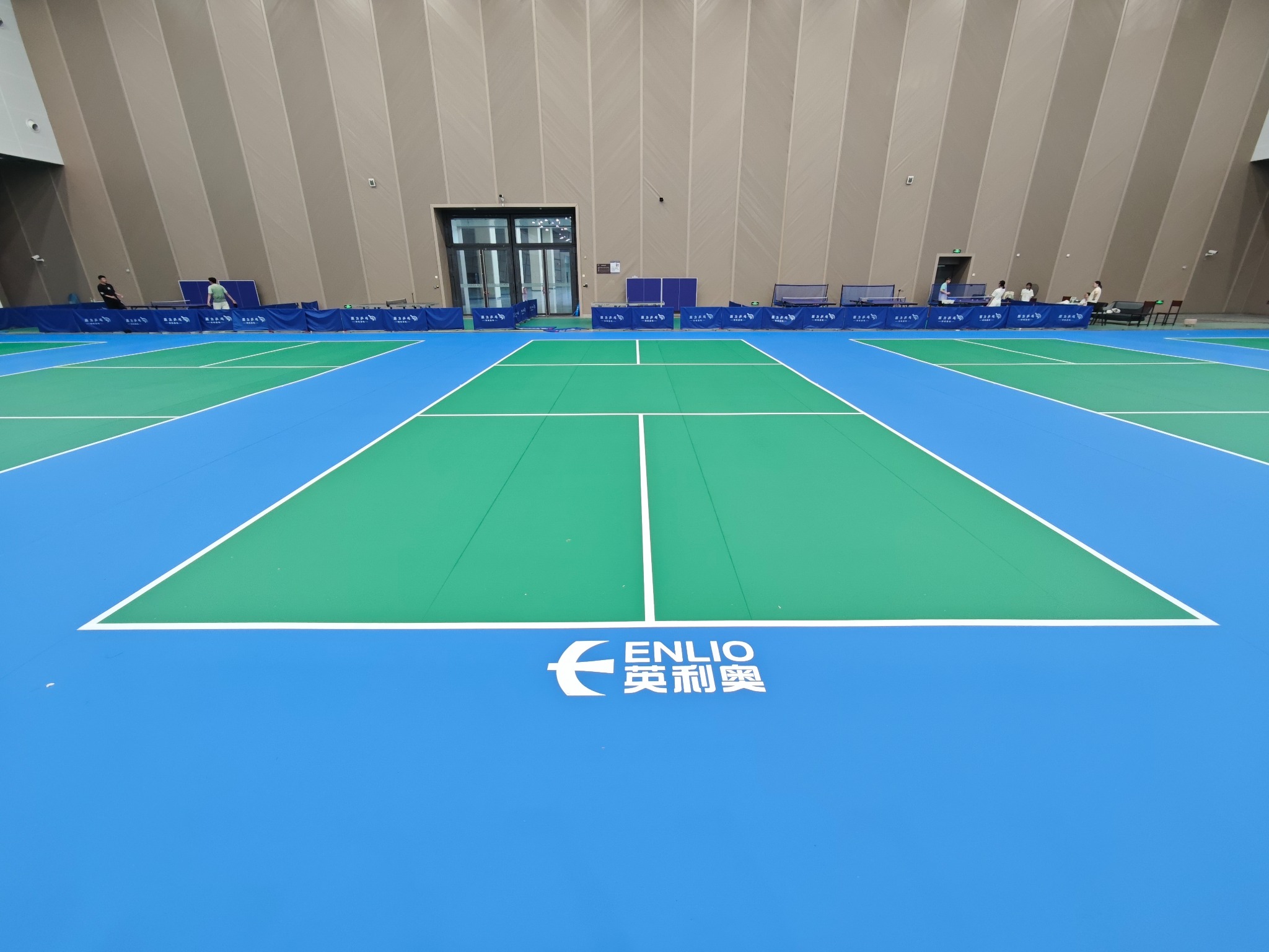 Multiple green pickleball courts inside a sports hall