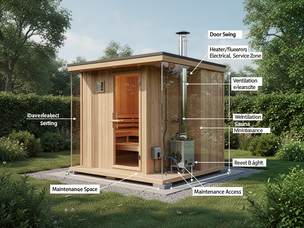 Outdoor sauna site-planning illustration showing base, heater, ventilation and service considerations