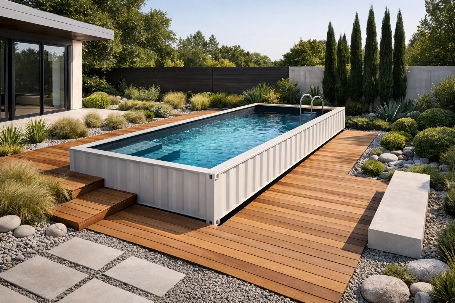 White Auremont container pool integrated into a timber deck and landscaped garden