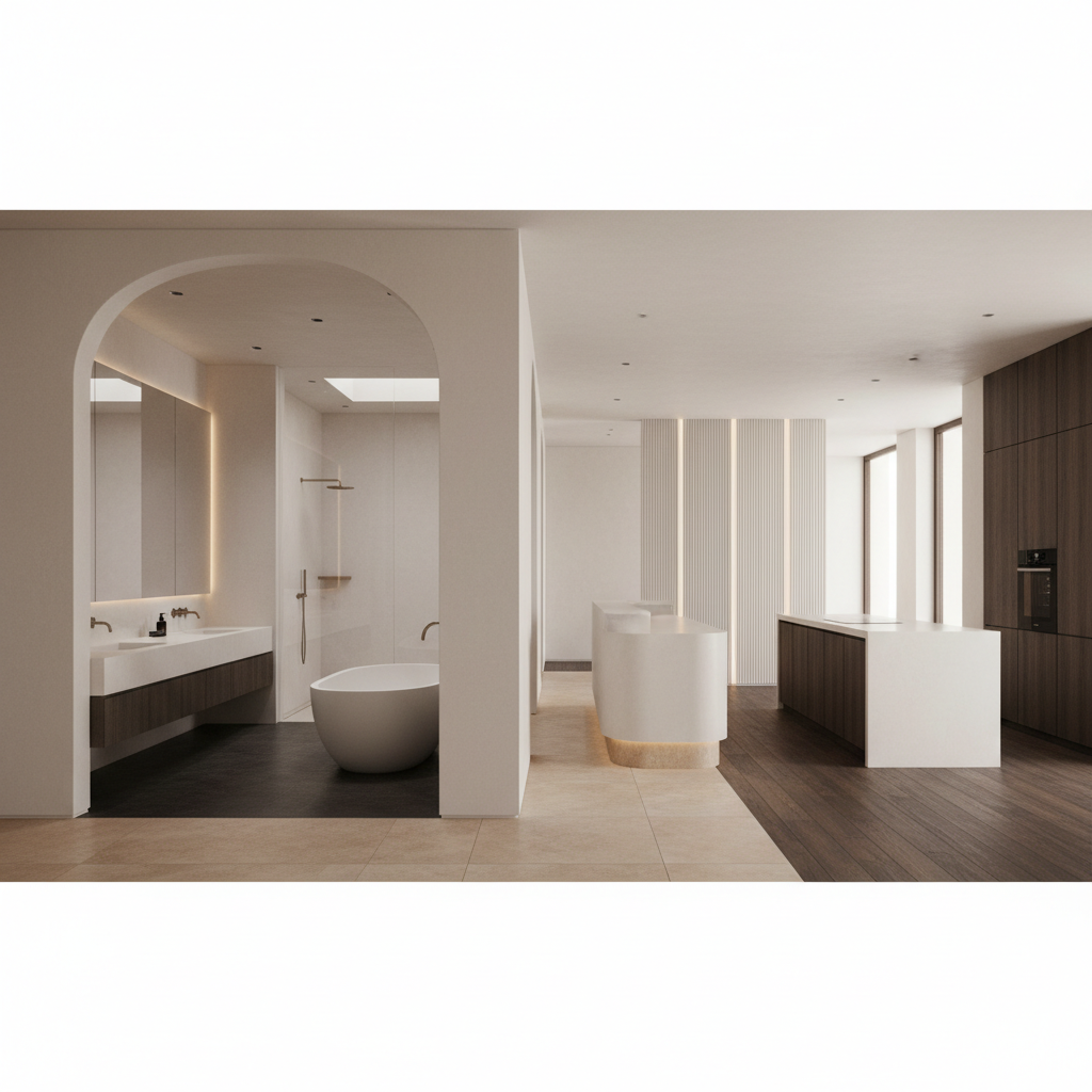 Coordinated TIRREN hospitality solid-surface applications across bathroom, public-area and residence interiors