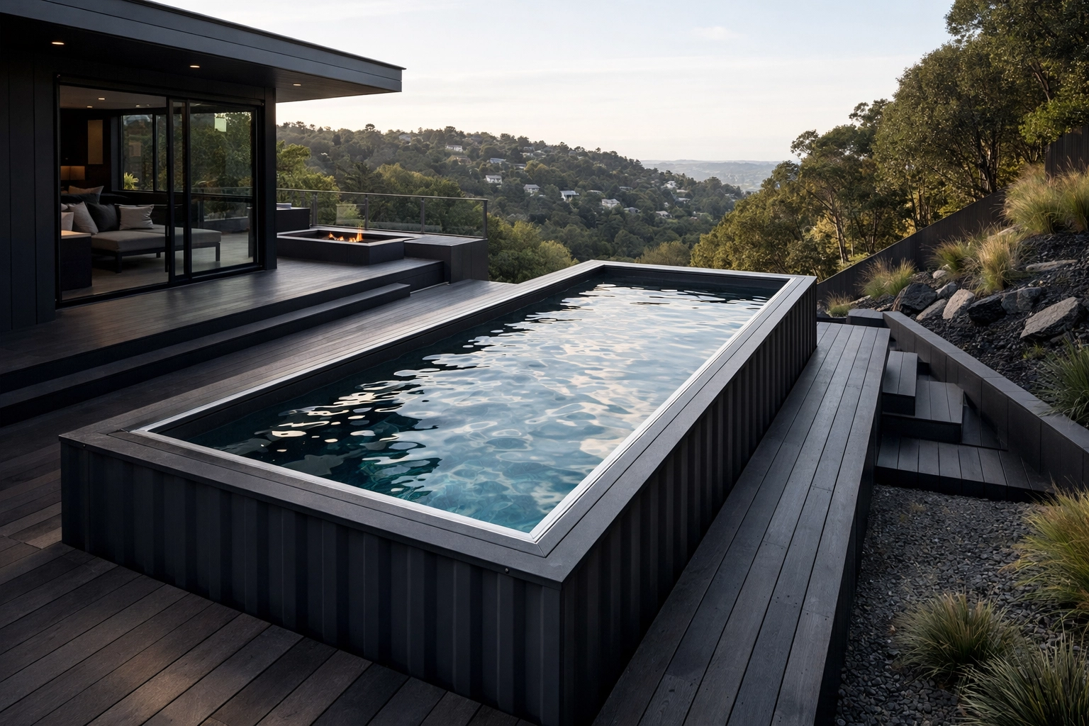 Auremont black container pool on a hillside deck