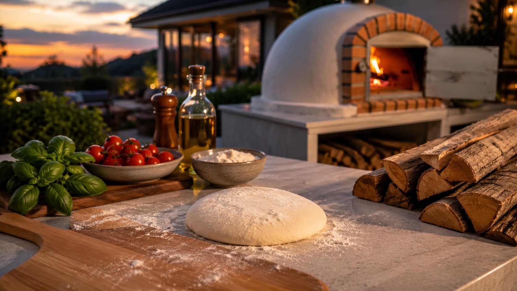 Outdoor dinner gathering beside a wood-fired oven