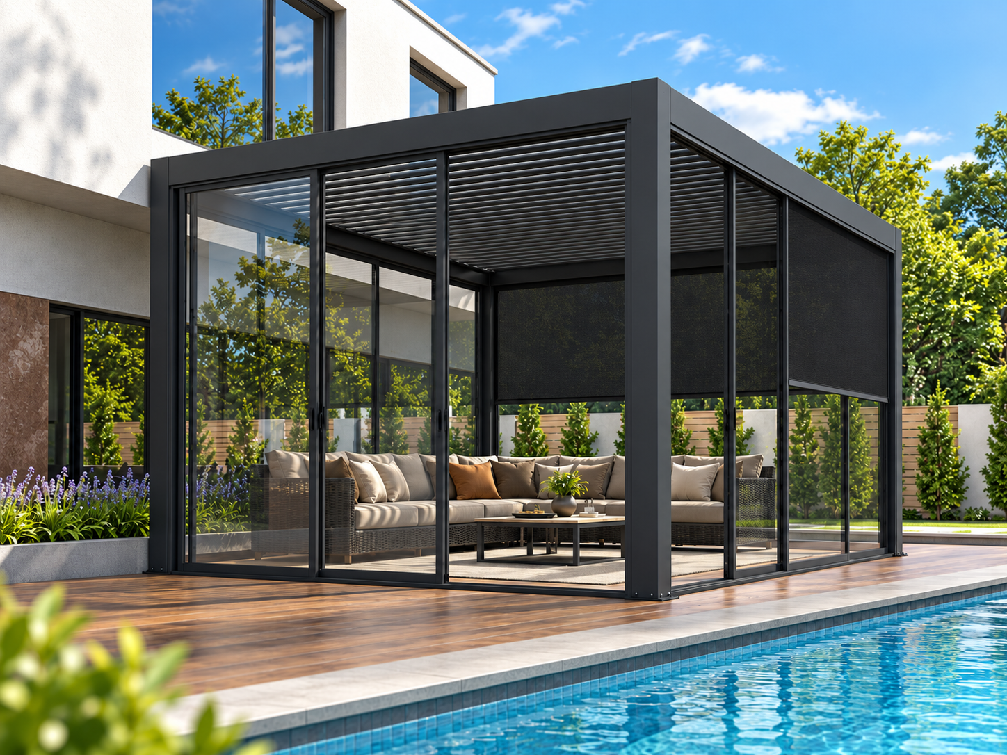 Architectural visualisation of a charcoal CADARN pergola with sliding glass enclosure
