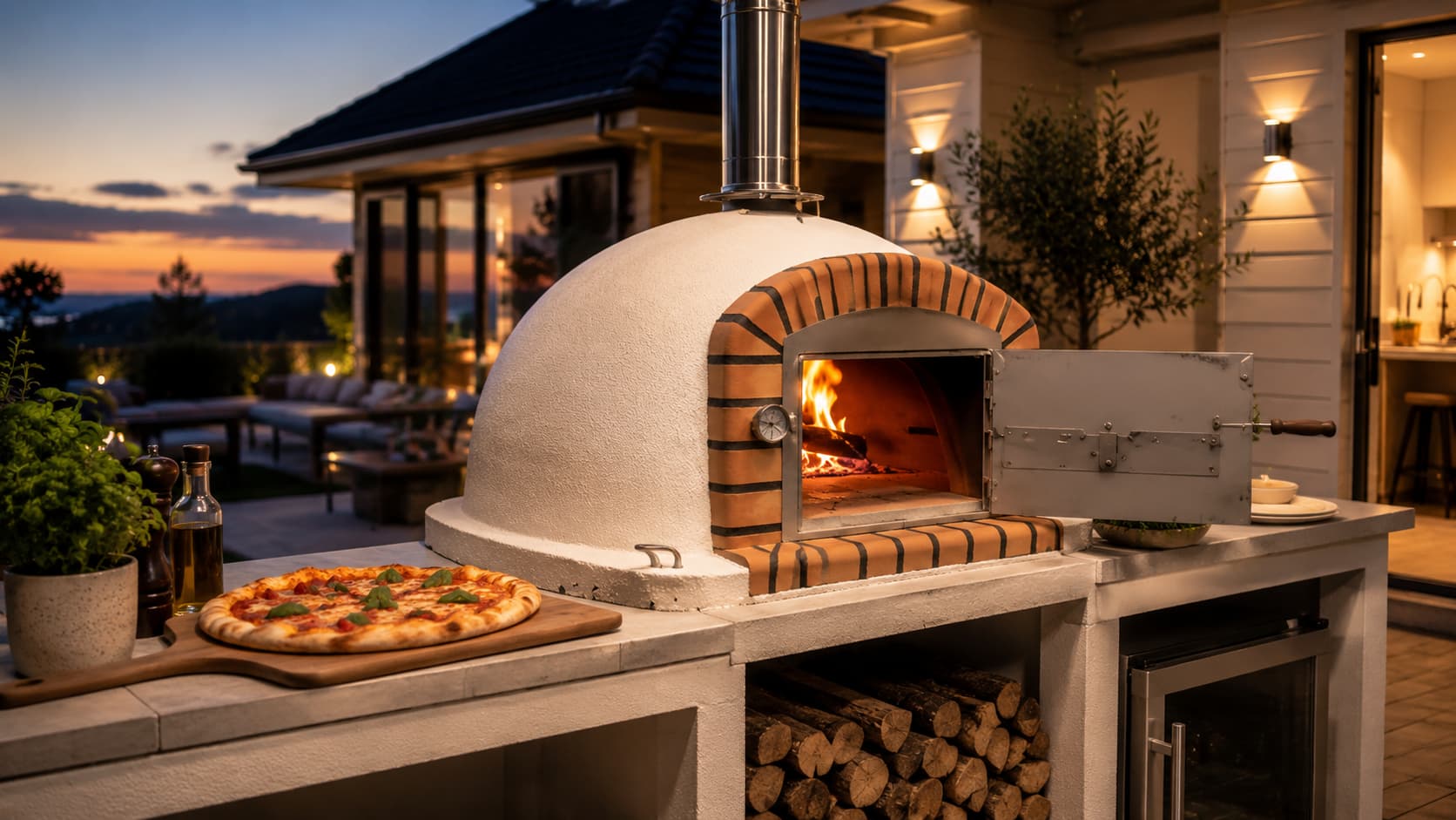 Pizza dough, tomatoes, basil and firewood beside a wood-fired oven