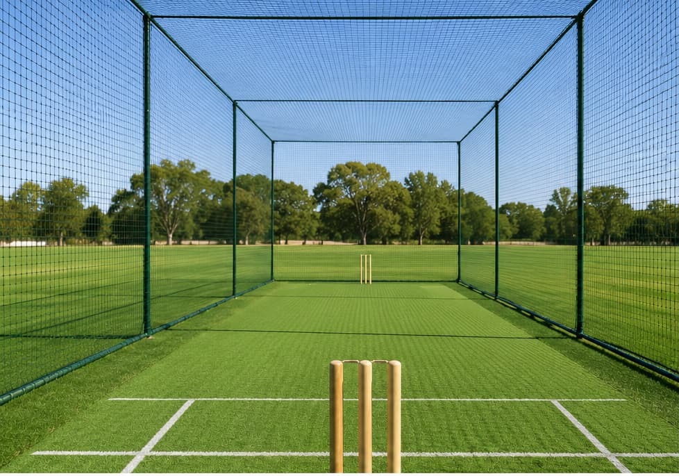 Full-height outdoor cricket practice cage on a grass sports field