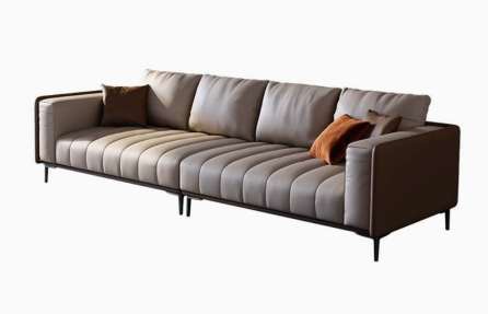 Long Mid-Century sofa with channelled seat, slim black legs and loose back cushions