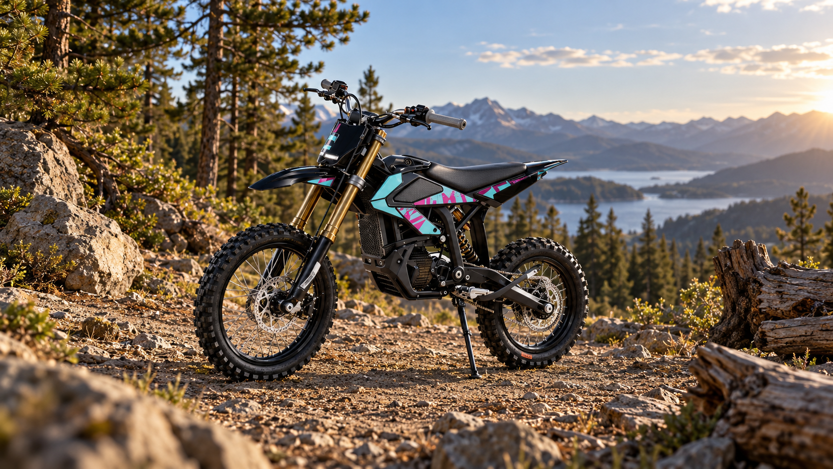 Representative compact electric off-road motorcycle on a mountain trail
