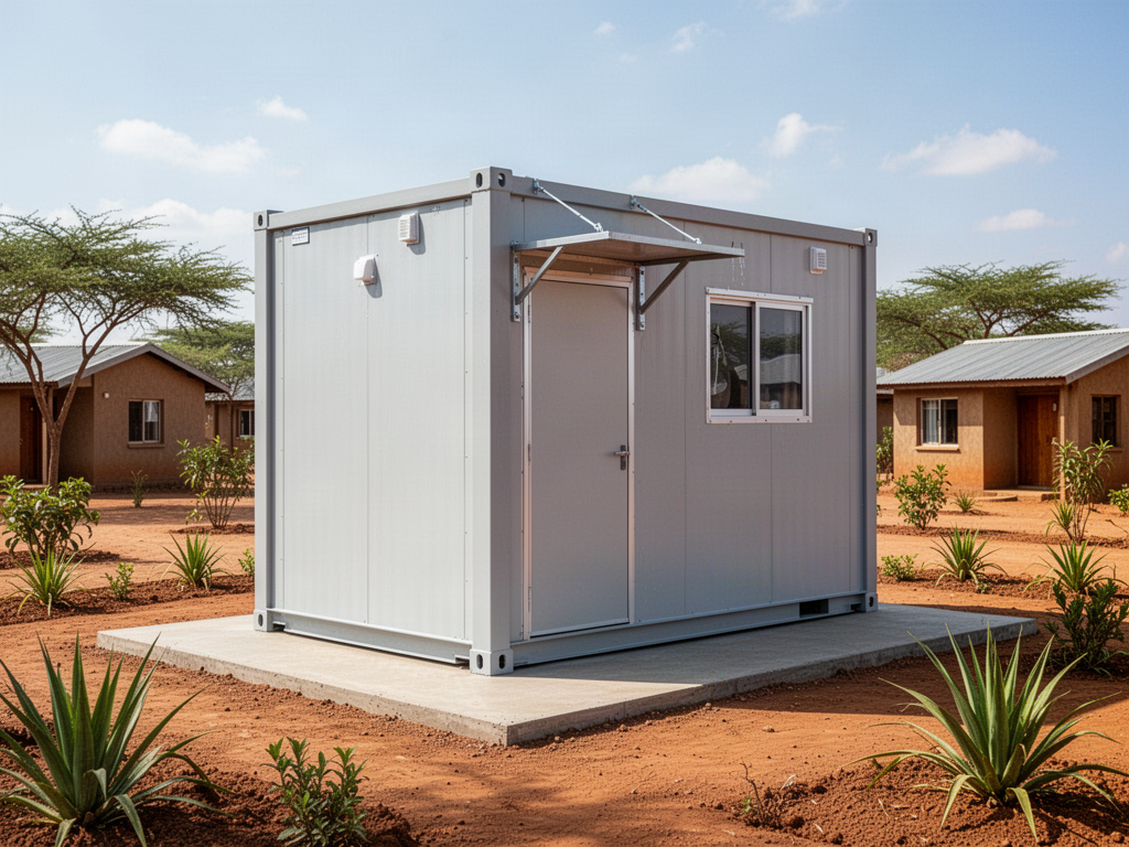 Illustrative RHELGAN compact modular hygiene unit in a remote community setting