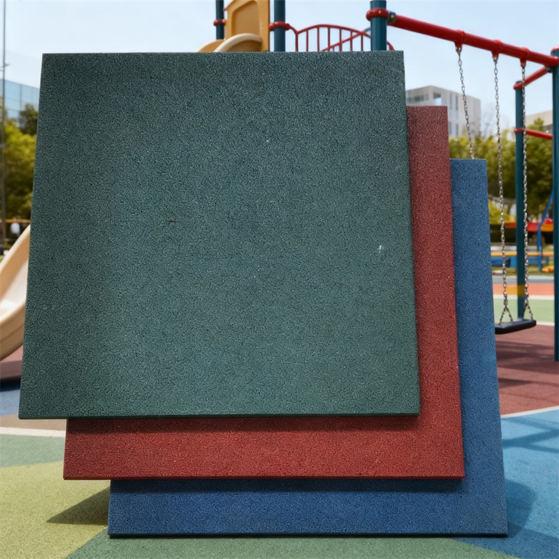 Green red and blue rubber flooring sample tiles