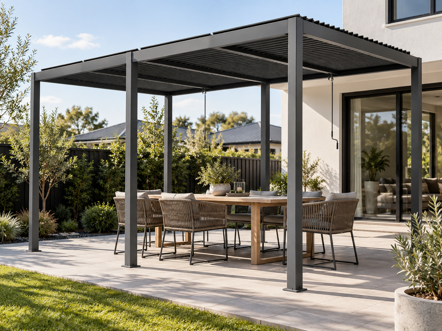 Lifestyle visualisation of a charcoal CADARN double-bay manual louvre pergola over an outdoor dining area