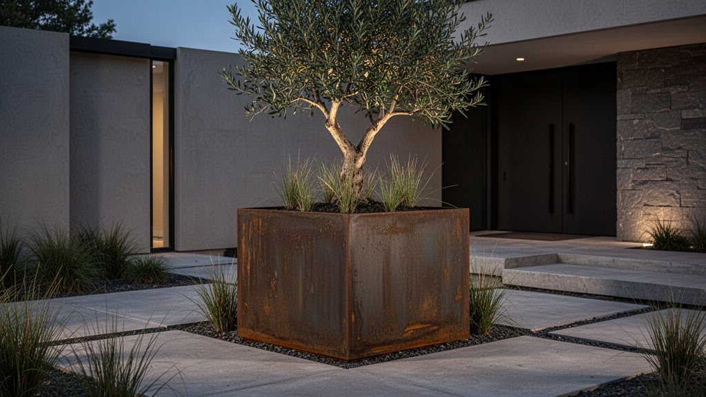 SVALDR Cube square weathered-steel planter with feature tree in a contemporary landscape