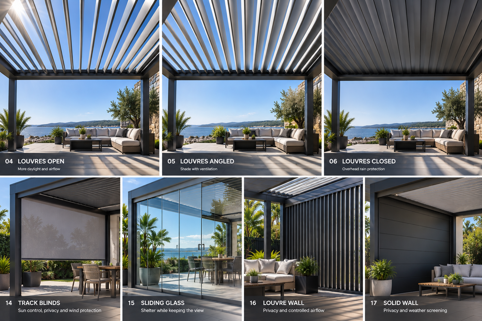 AEGIS PRIME open angled and closed louvre positions with blind glass louvre wall and solid wall enclosure options