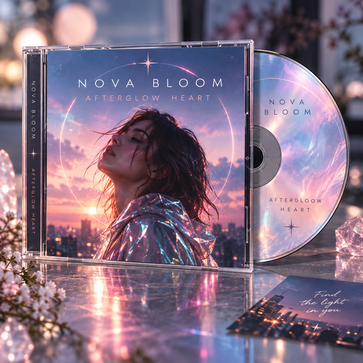 Fictional pop CD release with glossy printed disc and package