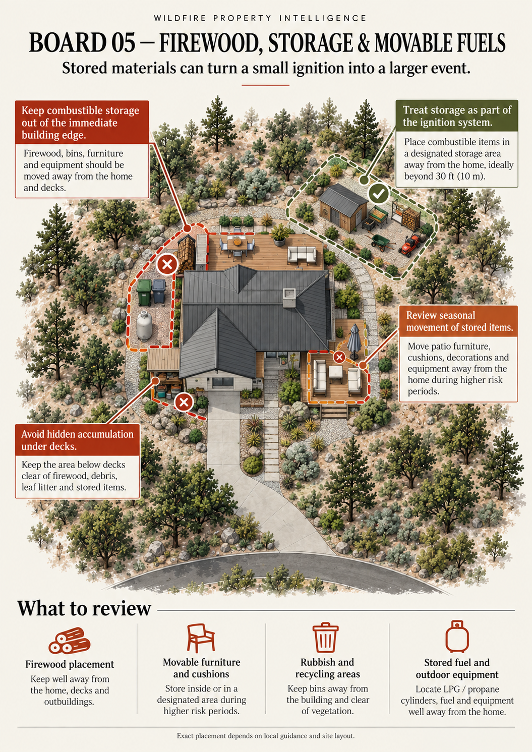 Illustrated wildfire property board showing firewood, storage, movable furniture and fuel placement around a home
