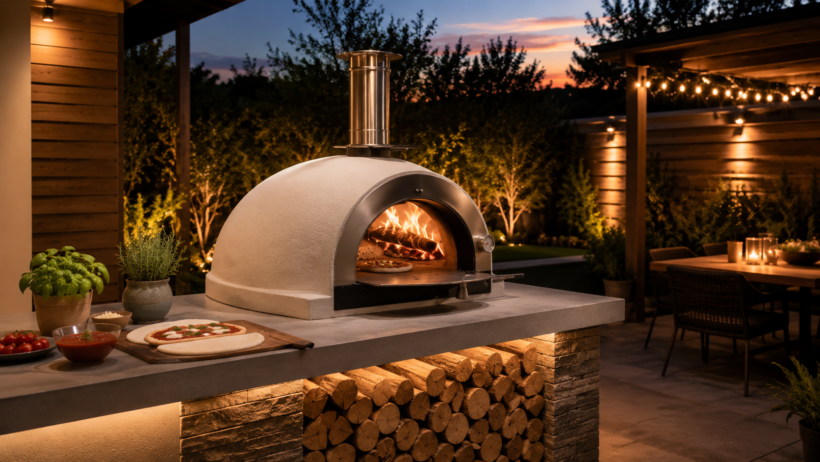 Wood-fired pizza oven in landscaped outdoor dining area