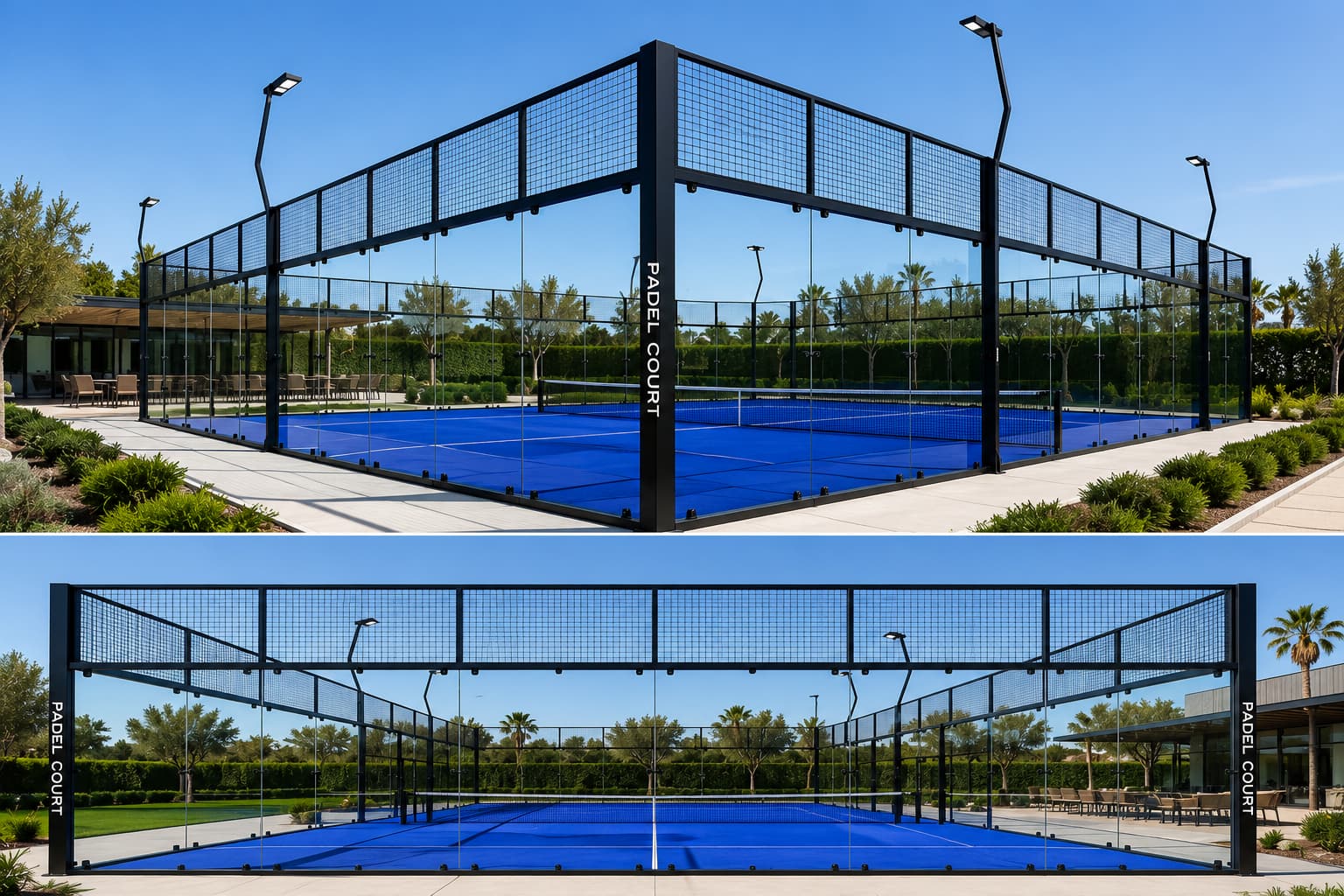 VETRAVA 360 panoramic padel court in a landscaped residential setting