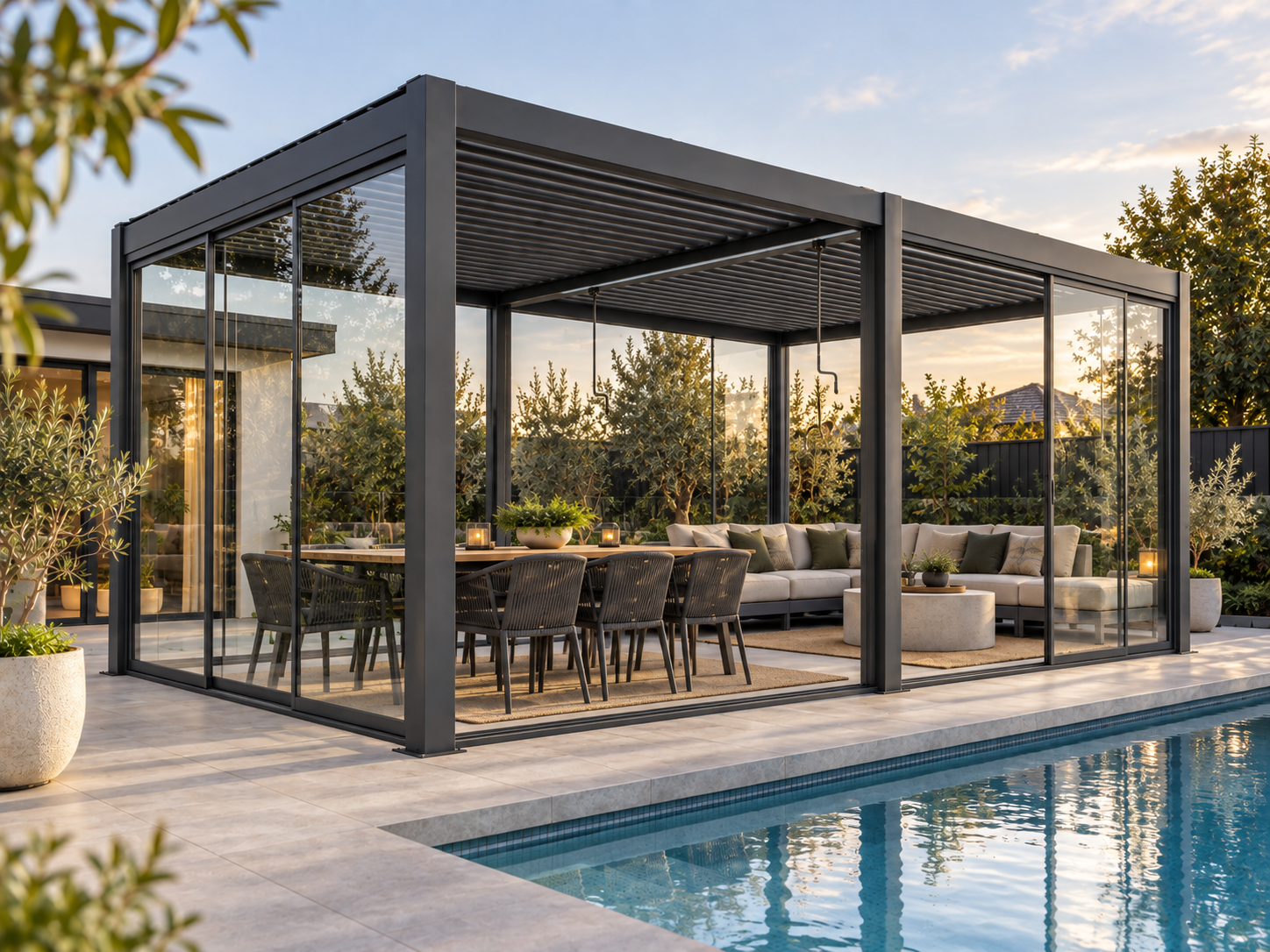 Architectural visualisation of an AEGIS PRIME pergola with sliding glass enclosure