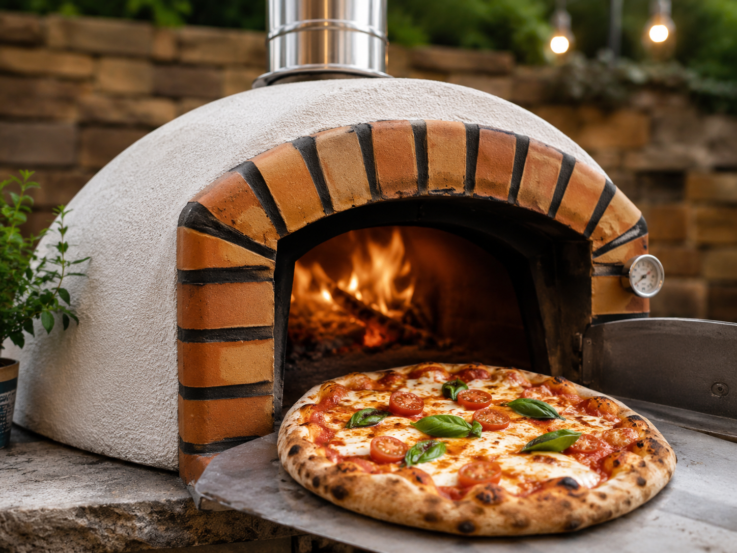 Wood-fired oven with pizza at the oven mouth