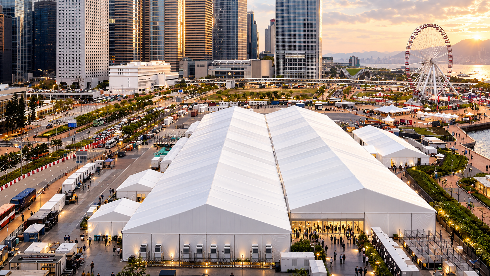 Large clear-span exhibition structure in an urban event setting