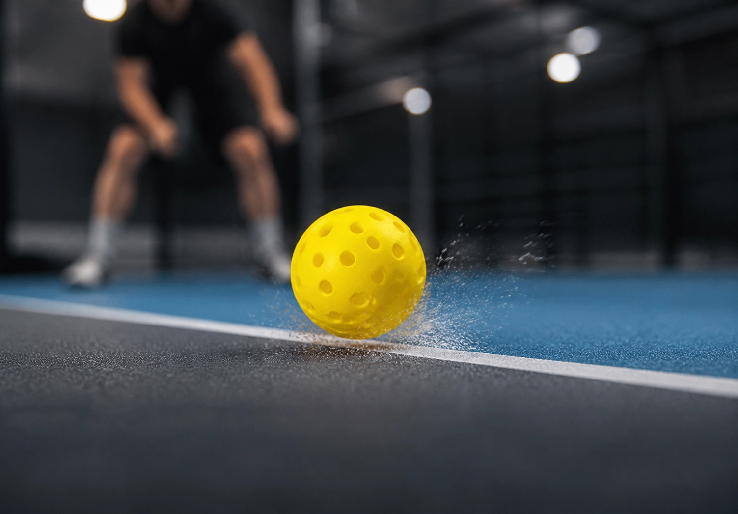 Yellow pickleball contacting a blue court surface